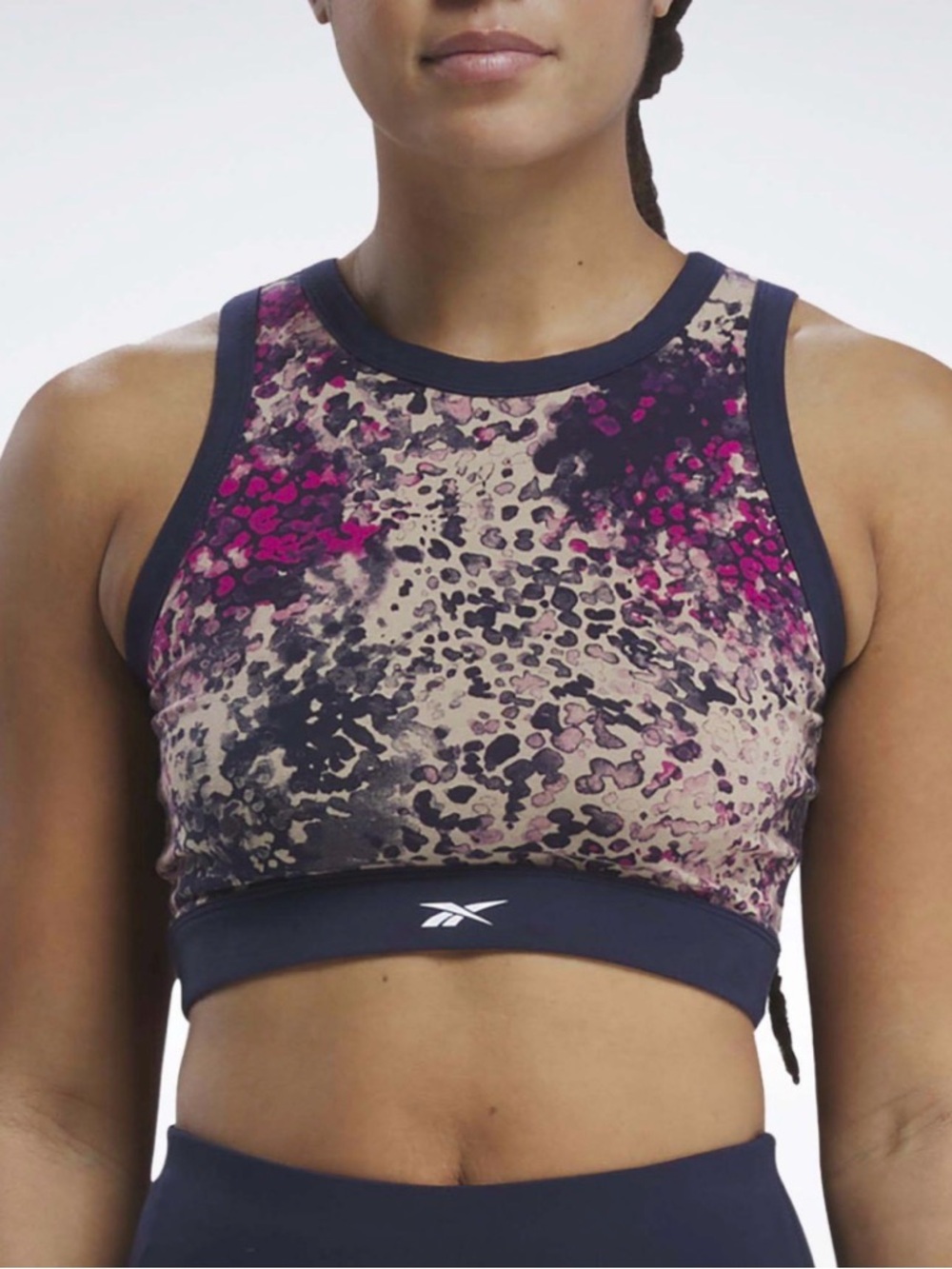 Reebok Women's Navy and Pink Printed High-Neck Sports Bra